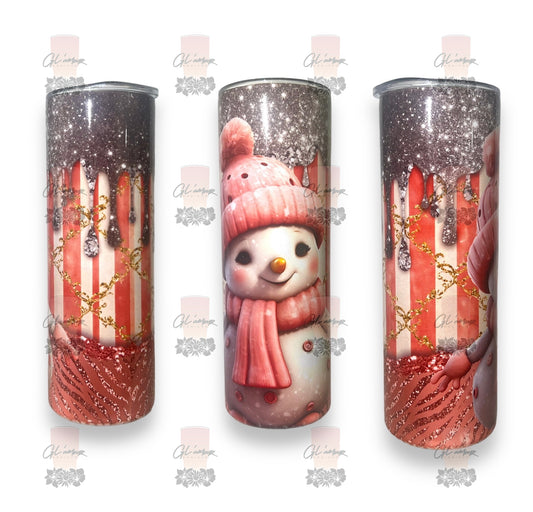 Pink Snowman with Silver Glitter Drip Tumbler