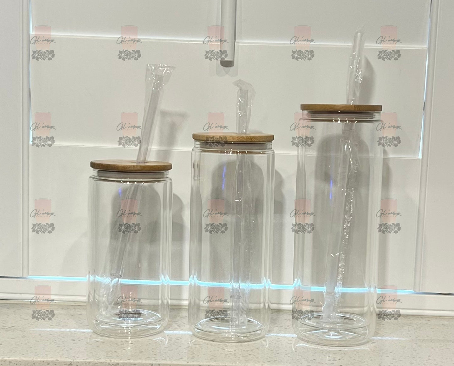 Glass Double Wall Cans with Bamboo Lid Plastic Straw- 6MM Hole