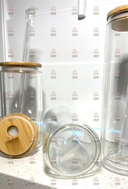Glass Double Wall Cans with Bamboo Lid Plastic Straw- 6MM Hole