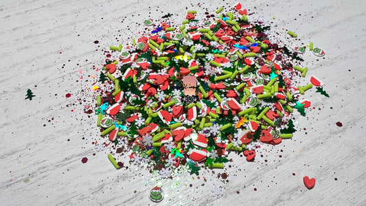 Green Guy with Hat Snowy Mix Polymer Clay Slices/ Glitter 5mm