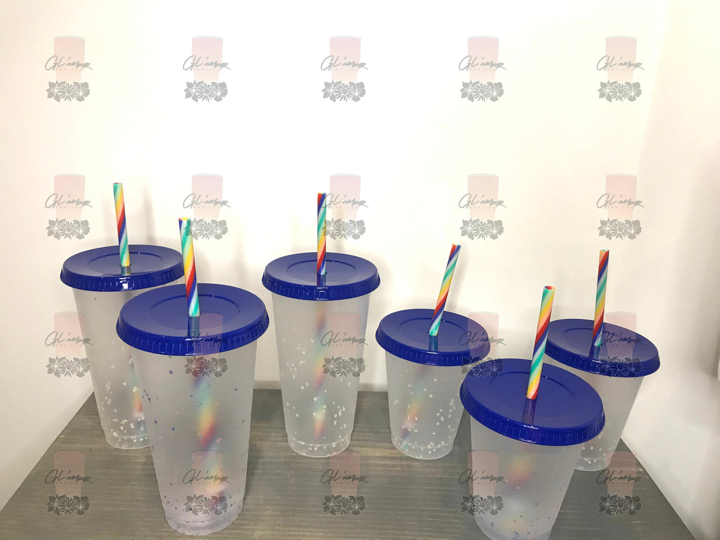 Confetti Blue Lid Cold Cups with Rainbow Straws
