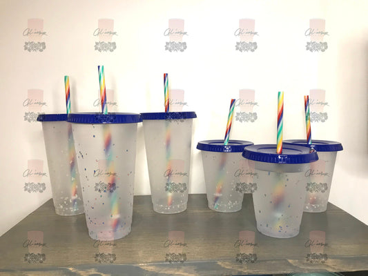 Confetti Blue Lid Cold Cups with Rainbow Straws