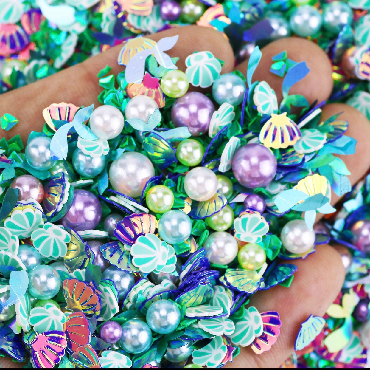 Blue Mermaid Sequins Pearls Polymer Slices
