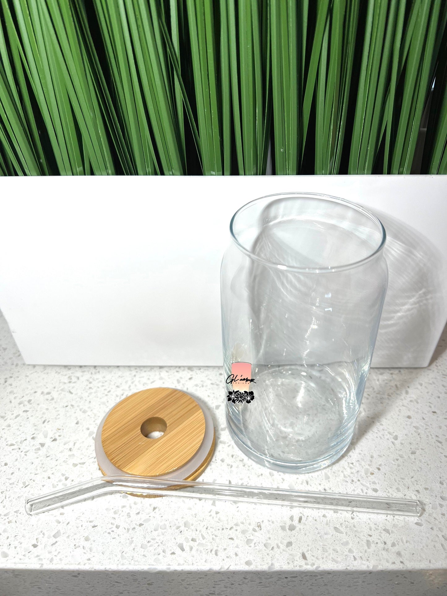 Glass Beer Cans With Bamboo Lid and Glass Straw
