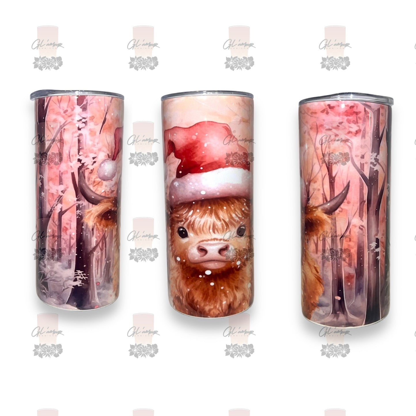 Pink Highland Cow With Santa Hat Tumbler