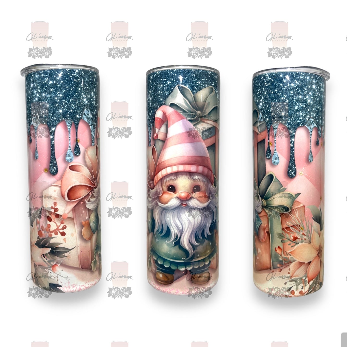 Pink Gnomie With Teal Drip Glitter Tumbler