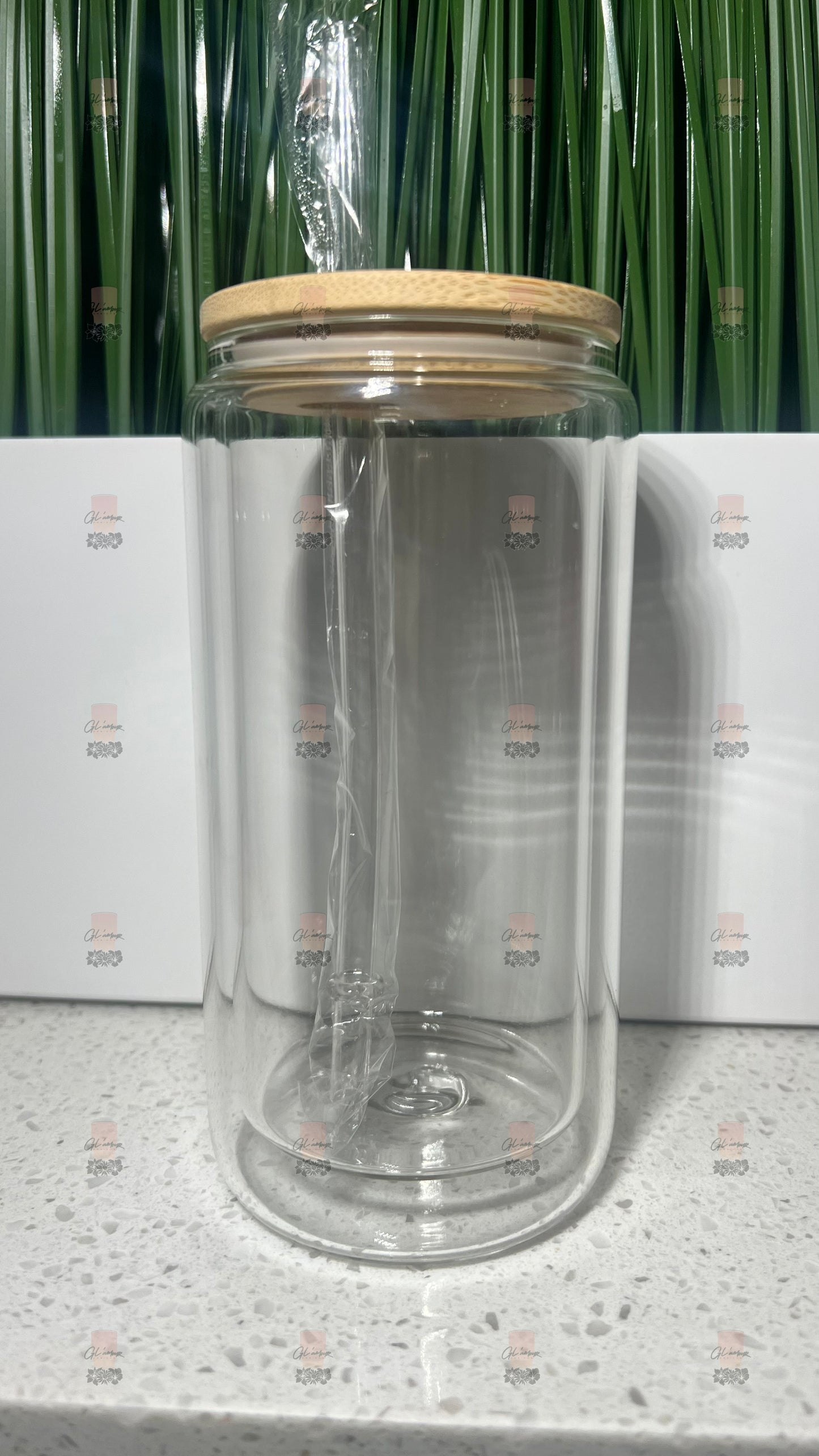 12 oz Double Wall Glass Cans with Bamboo Lid Plastic Straw - 3MM Hole
