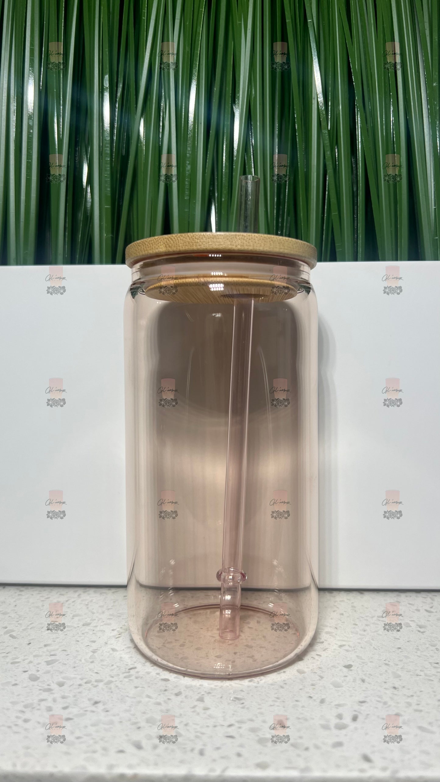 12 oz Pink Glass Cans with Bamboo Lid Plastic Straw