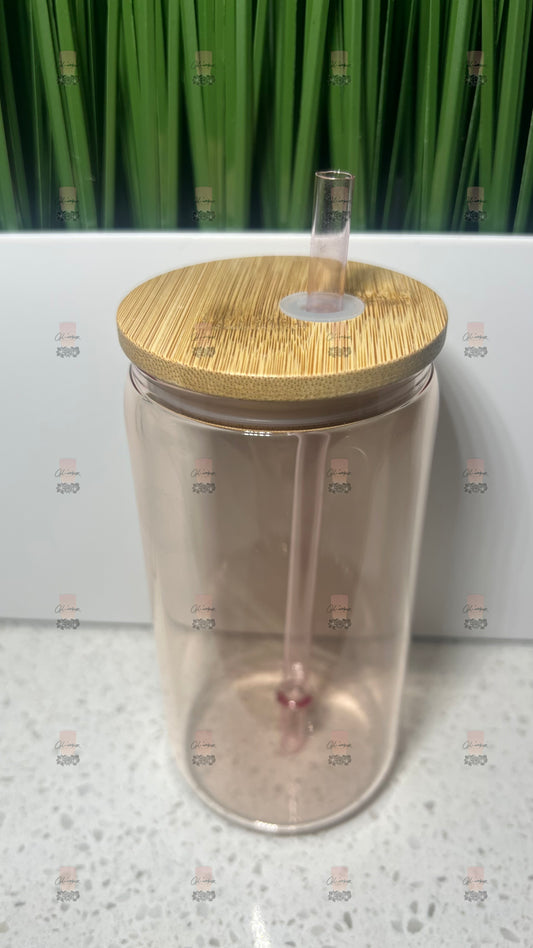 12 oz Pink Glass Cans with Bamboo Lid Plastic Straw