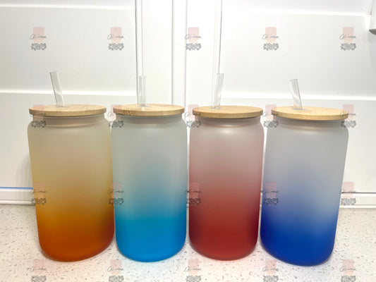 Sublimation Ombre Frost Glass Cans| Beer Cans with Bamboo Lid 16 oz