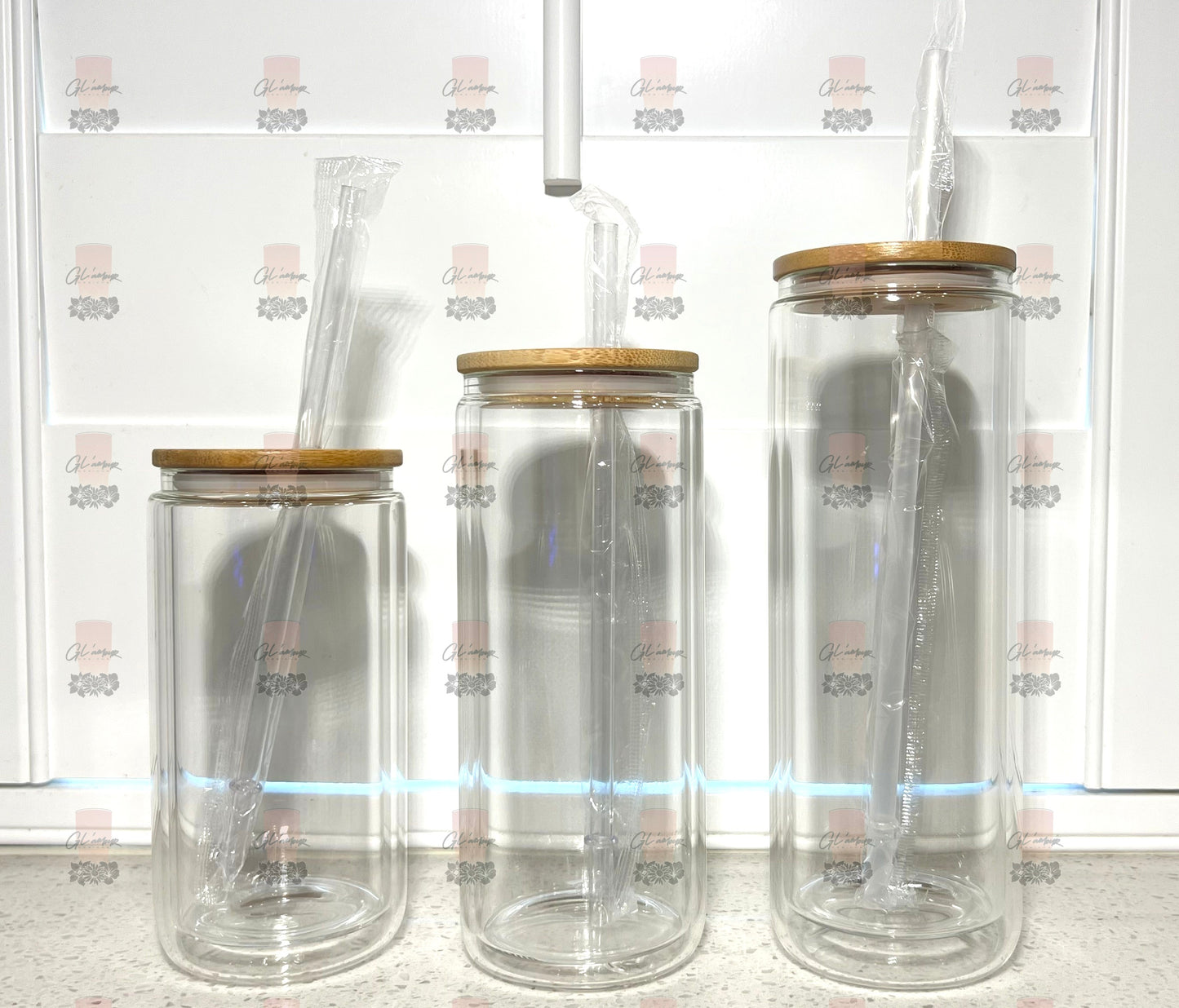 Glass Double Wall Cans with Bamboo Lid Plastic Straw- 6MM Hole