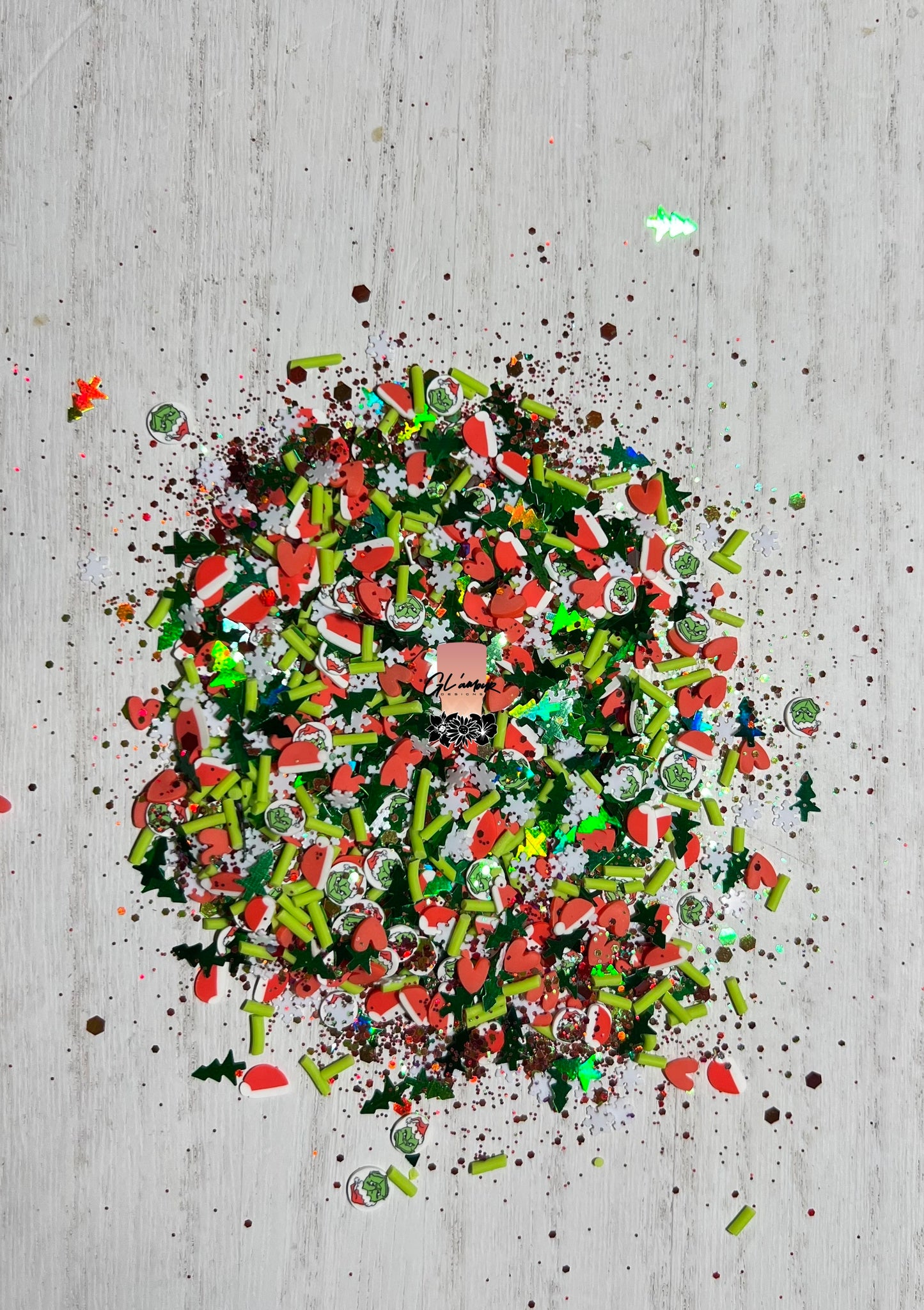 Green Guy with Hat Snowy Mix Polymer Clay Slices/ Glitter 5mm