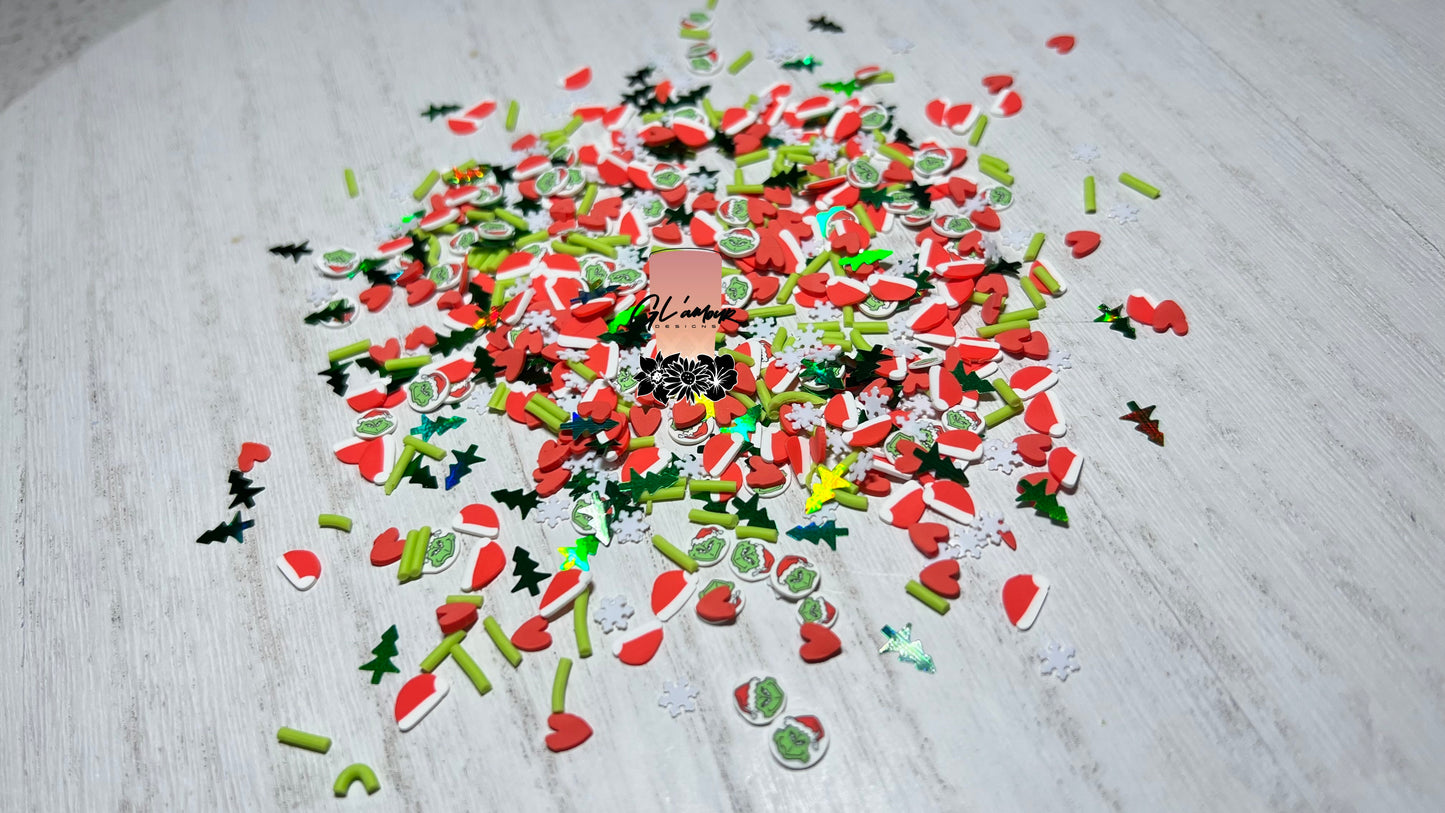 Green Guy with Hat Snowy Mix Polymer Clay Slices/ Shape Glitter No Fine Glitter Mix 5mm