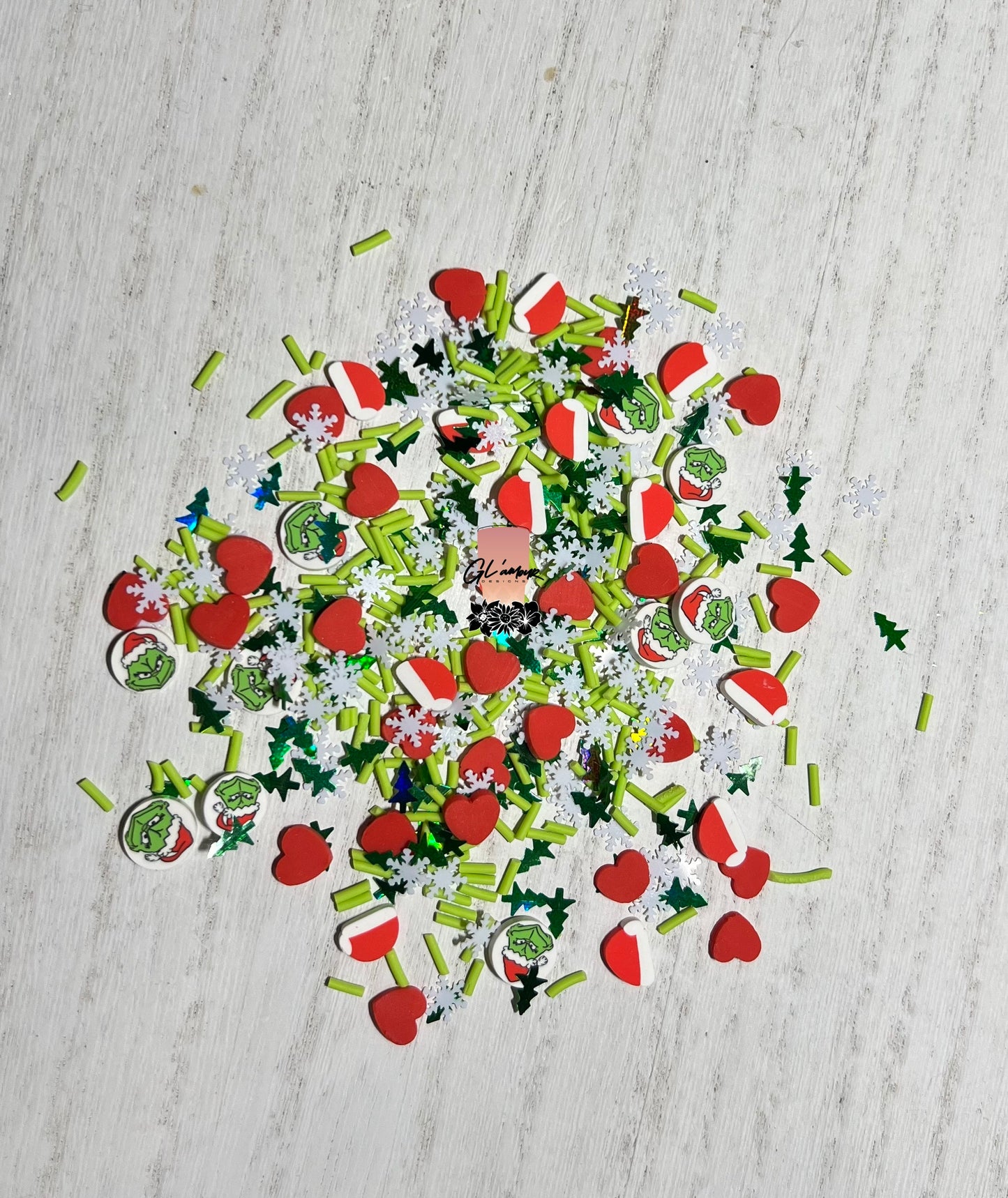 Green Guy with Hat Snowy Mix Polymer Clay Slices/ Shape Glitter No Fine Glitter Mix 10mm