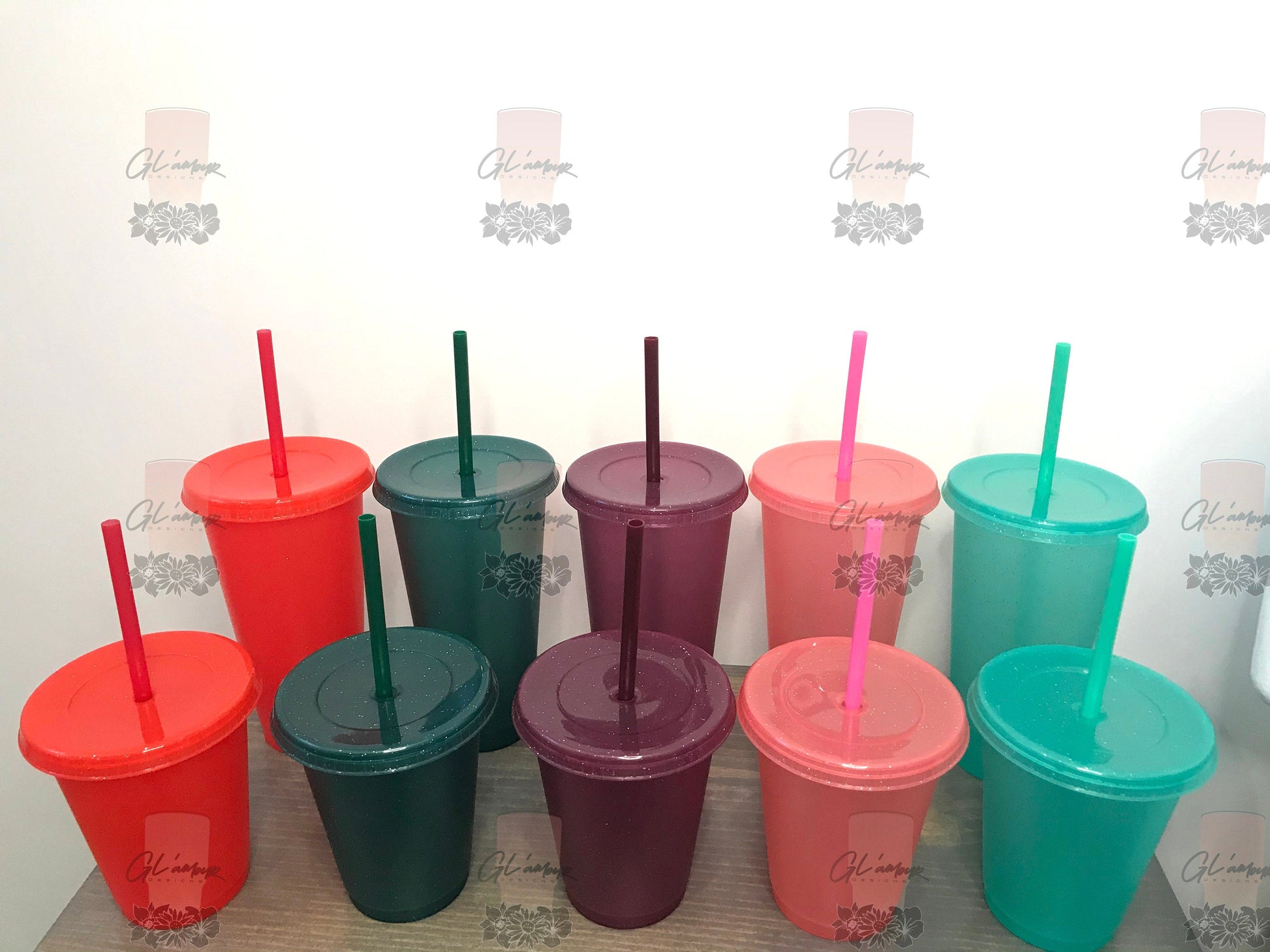 Clear Glitter Reusable Plastic Cold Cups, 24 Oz & 16 Oz, Set of 5 Cups 