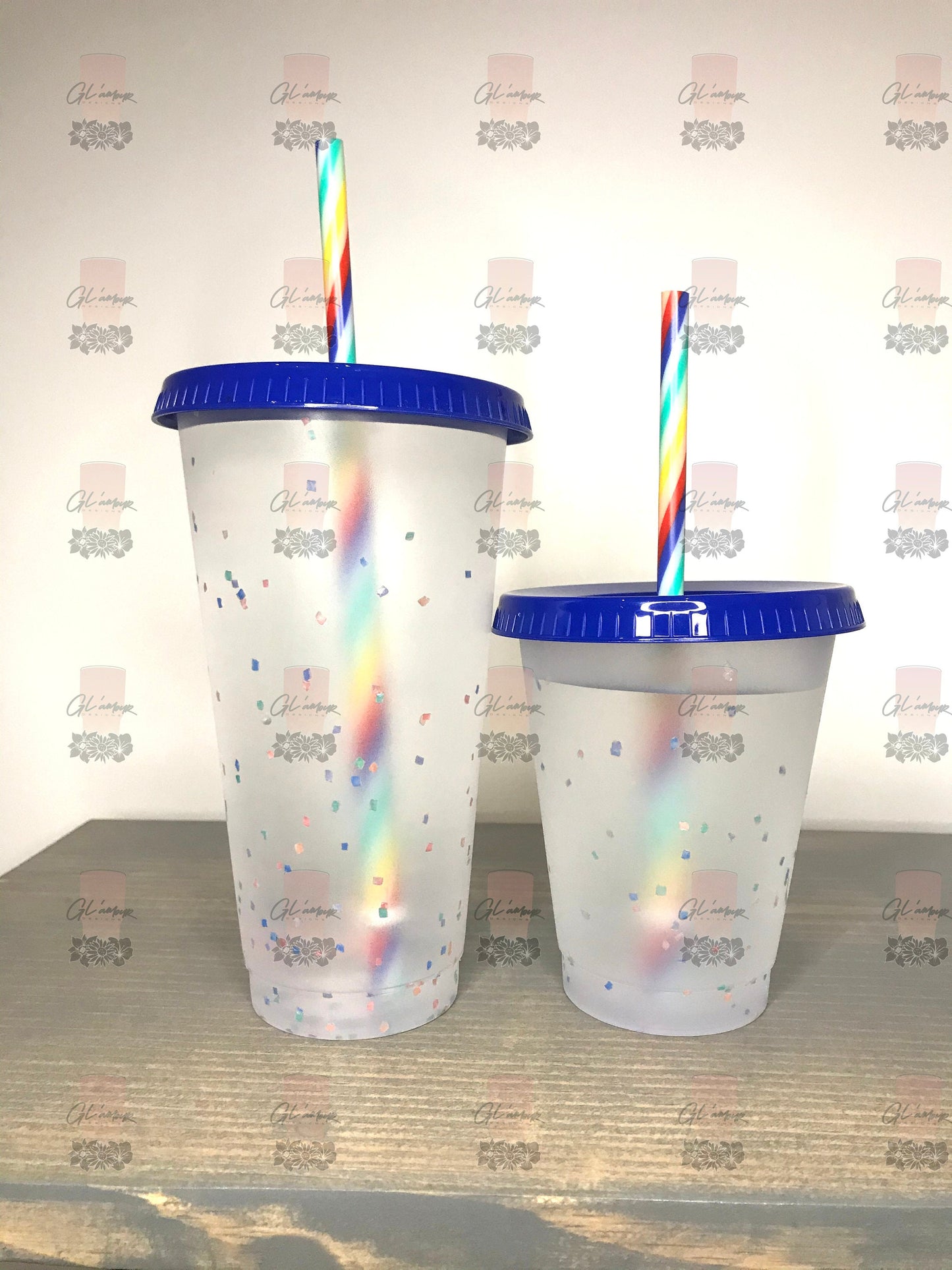 Confetti Blue Lid Cold Cups with Rainbow Straws
