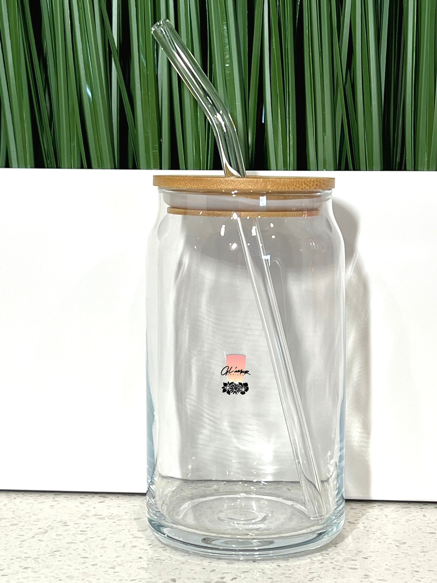 Glass Beer Cans With Bamboo Lid and Glass Straw