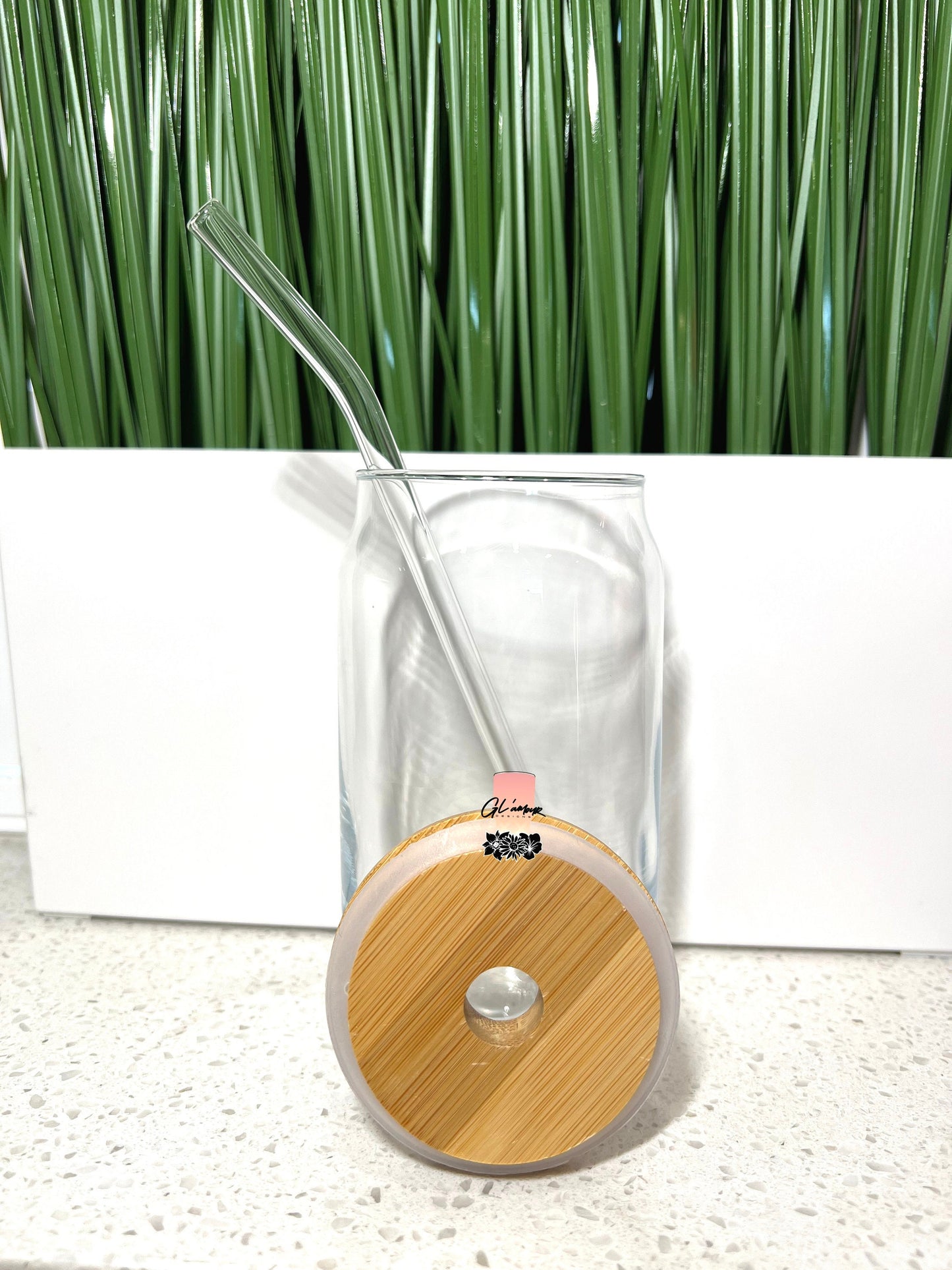 Glass Beer Cans With Bamboo Lid and Glass Straw